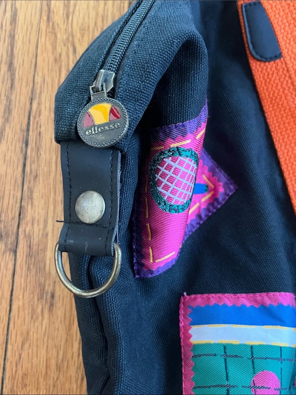 Large Vintage Ellesse 100% cotton zipper tote with tennis themed patches